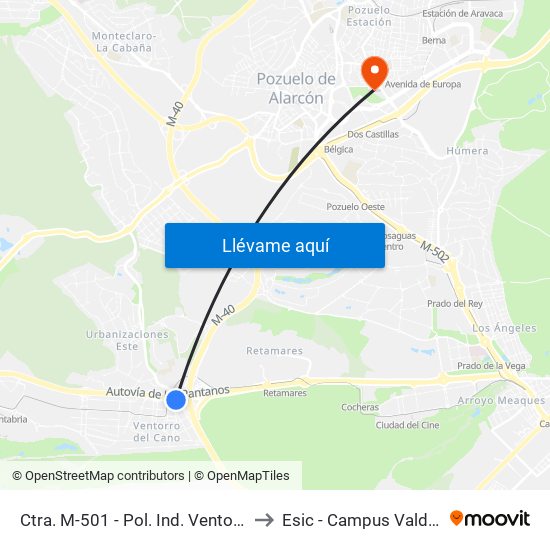 Ctra. M-501 - Pol. Ind. Ventorro Del Cano to Esic - Campus Valdenigrales map