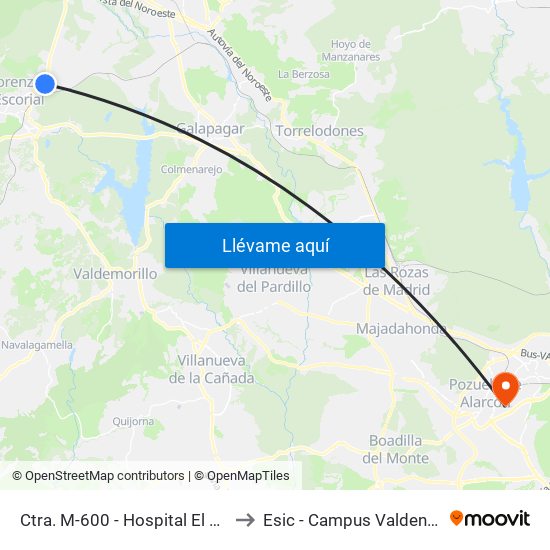 Ctra. M-600 - Hospital El Escorial to Esic - Campus Valdenigrales map