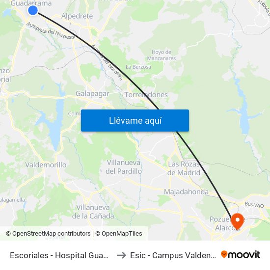 Escoriales - Hospital Guadarrama to Esic - Campus Valdenigrales map