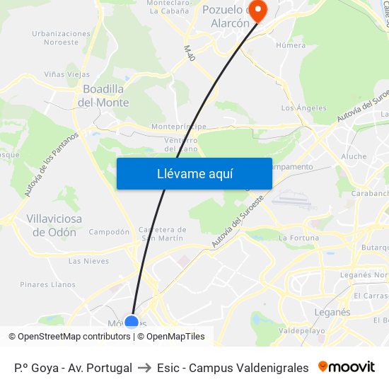 P.º Goya - Av. Portugal to Esic - Campus Valdenigrales map