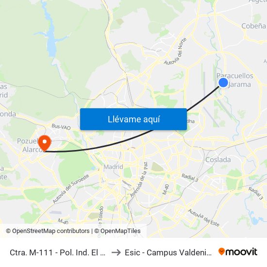 Ctra. M-111 - Pol. Ind. El Pulido to Esic - Campus Valdenigrales map