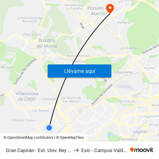 Gran Capitán - Est. Univ. Rey Juan Carlos to Esic - Campus Valdenigrales map
