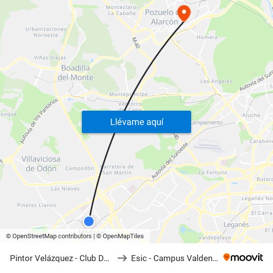 Pintor Velázquez - Club Deportivo to Esic - Campus Valdenigrales map