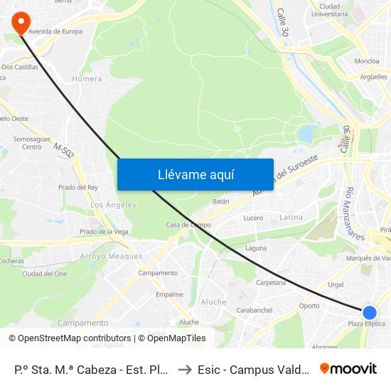 P.º Sta. M.ª Cabeza - Est. Plaza Elíptica to Esic - Campus Valdenigrales map