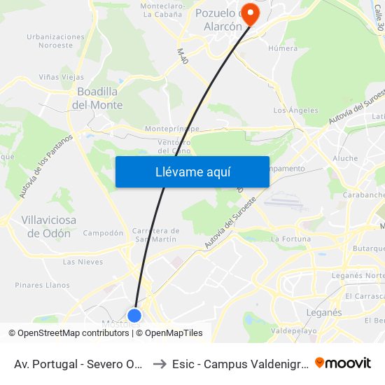 Av. Portugal - Severo Ochoa to Esic - Campus Valdenigrales map