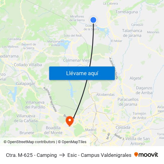 Ctra. M-625 - Camping to Esic - Campus Valdenigrales map