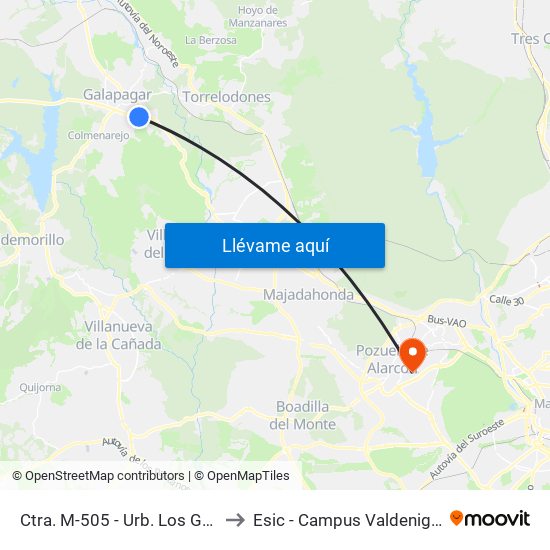 Ctra. M-505 - Urb. Los Gamos to Esic - Campus Valdenigrales map