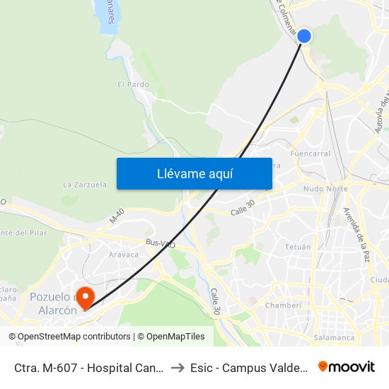Ctra. M-607 - Hospital Cantoblanco to Esic - Campus Valdenigrales map