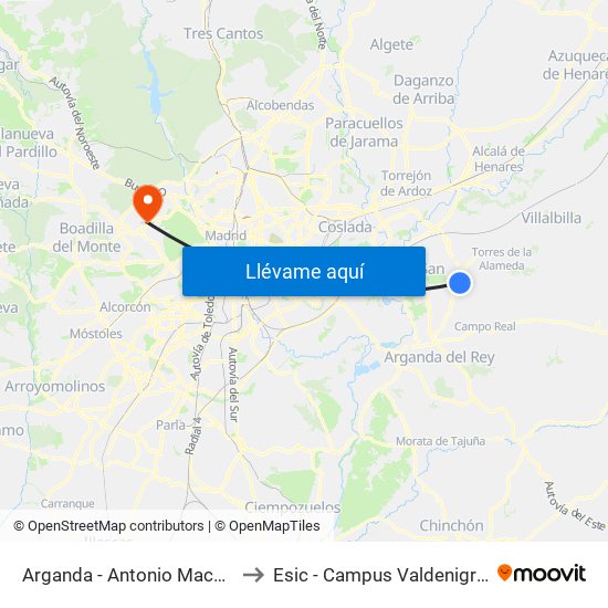 Arganda - Antonio Machado to Esic - Campus Valdenigrales map