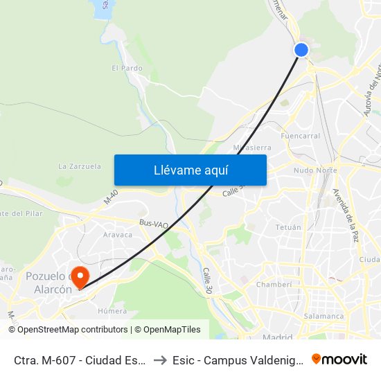 Ctra. M-607 - Ciudad Escolar to Esic - Campus Valdenigrales map