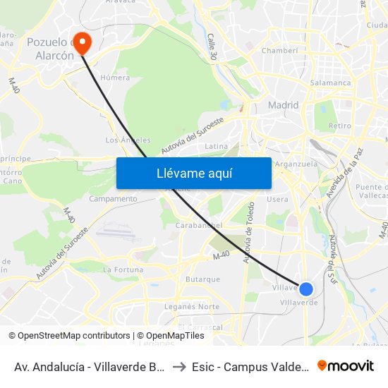 Av. Andalucía - Villaverde Bajo Cruce to Esic - Campus Valdenigrales map