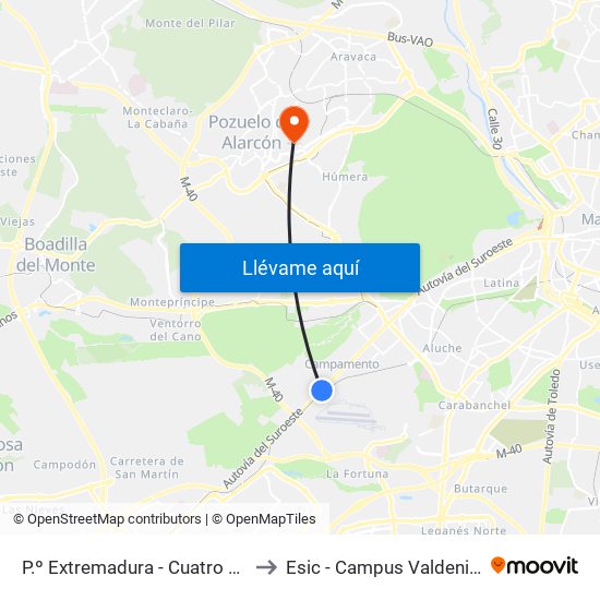 P.º Extremadura - Cuatro Vientos to Esic - Campus Valdenigrales map