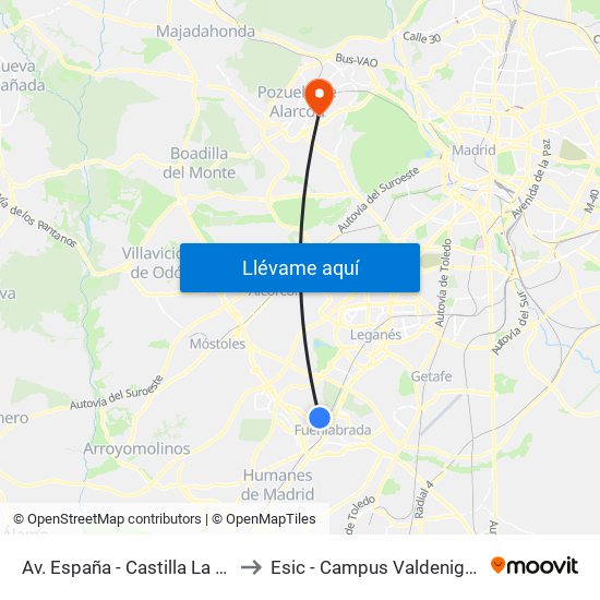 Av. España - Castilla La Vieja to Esic - Campus Valdenigrales map