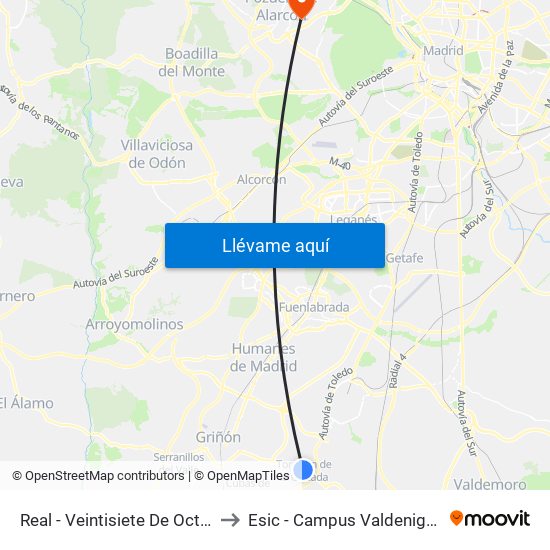 Real - Veintisiete De Octubre to Esic - Campus Valdenigrales map