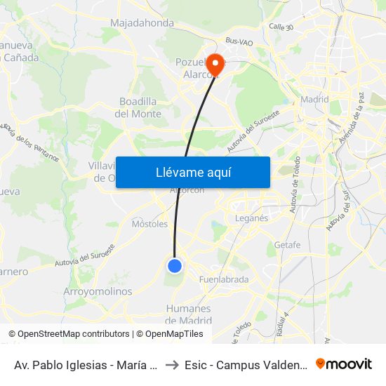 Av. Pablo Iglesias - María Moliner to Esic - Campus Valdenigrales map