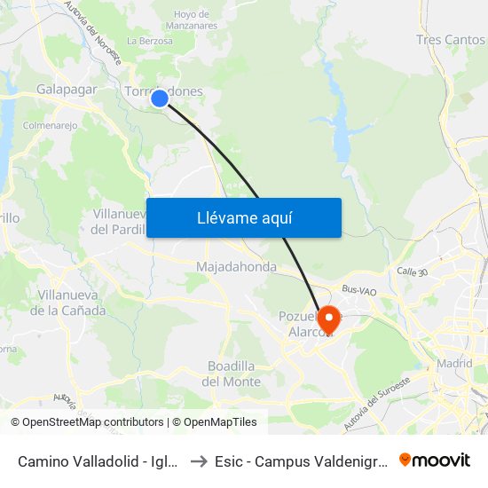 Camino Valladolid - Iglesia to Esic - Campus Valdenigrales map