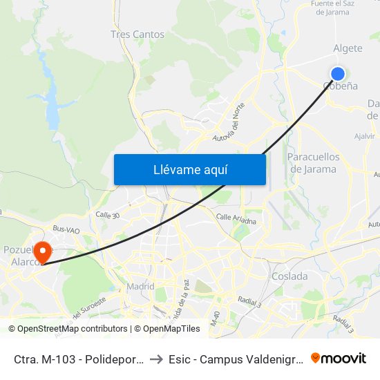 Ctra. M-103 - Polideportivo to Esic - Campus Valdenigrales map