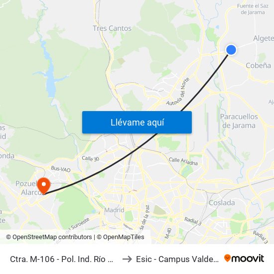 Ctra. M-106 - Pol. Ind. Río De Janeiro to Esic - Campus Valdenigrales map