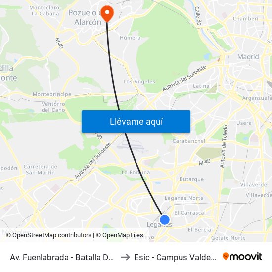 Av. Fuenlabrada - Batalla De Brunete to Esic - Campus Valdenigrales map