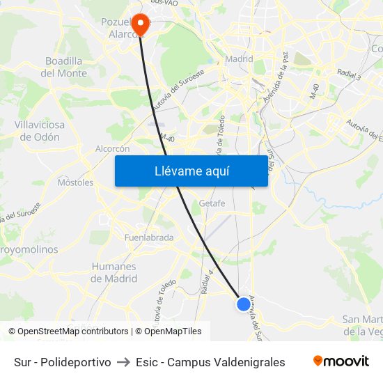 Sur - Polideportivo to Esic - Campus Valdenigrales map