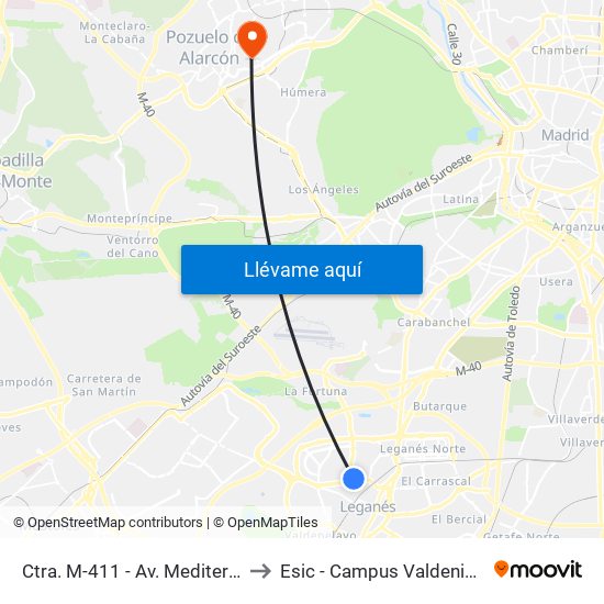 Ctra. M-411 - Av. Mediterráneo to Esic - Campus Valdenigrales map