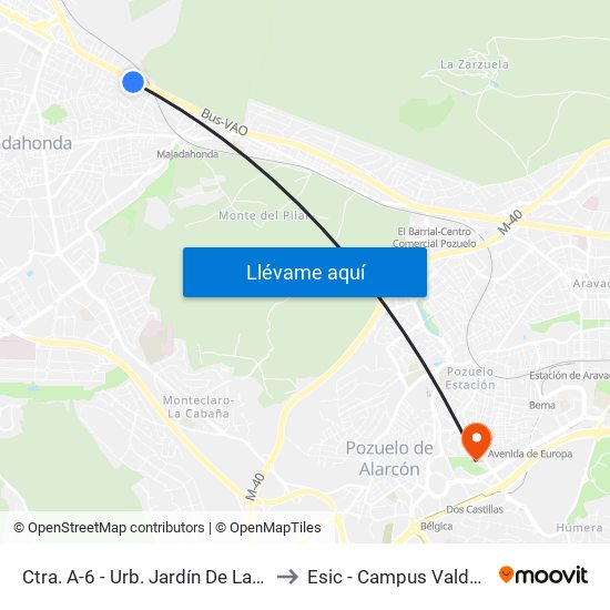 Ctra. A-6 - Urb. Jardín De Las Avenidas to Esic - Campus Valdenigrales map