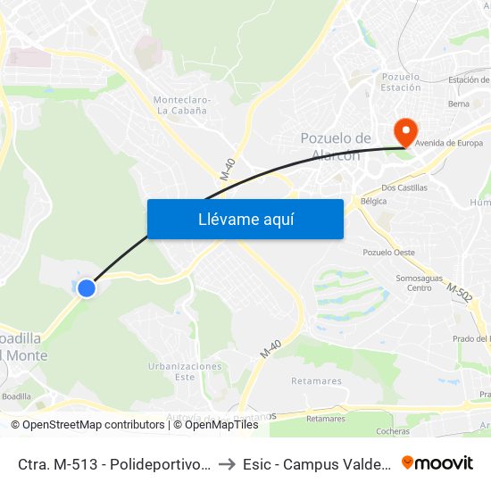 Ctra. M-513 - Polideportivo Piscinas to Esic - Campus Valdenigrales map