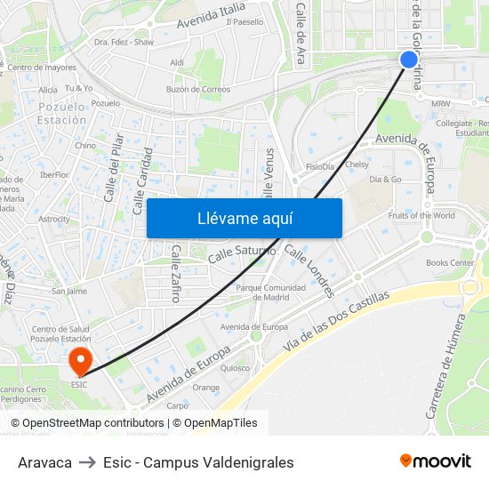 Aravaca to Esic - Campus Valdenigrales map