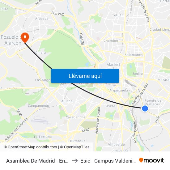 Asamblea De Madrid - Entrevías to Esic - Campus Valdenigrales map