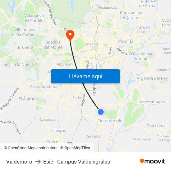 Valdemoro to Esic - Campus Valdenigrales map