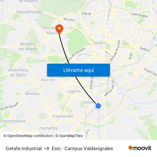 Getafe Industrial to Esic - Campus Valdenigrales map