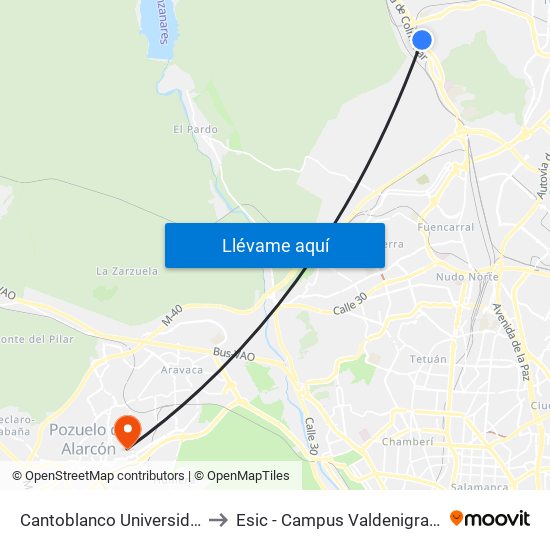 Cantoblanco Universidad to Esic - Campus Valdenigrales map
