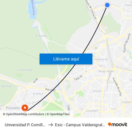 Universidad P. Comillas to Esic - Campus Valdenigrales map