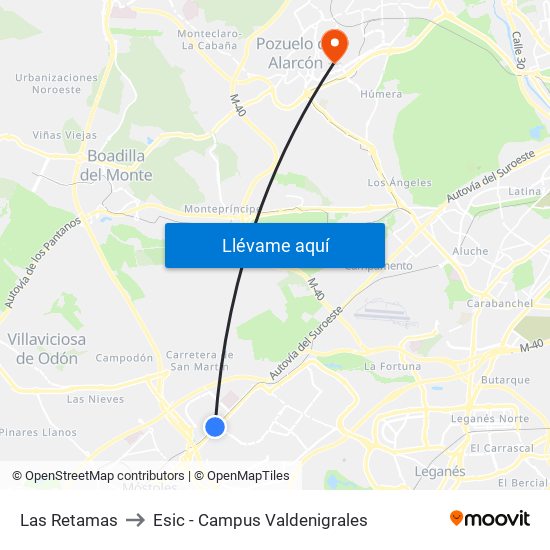 Las Retamas to Esic - Campus Valdenigrales map