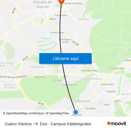 Cuatro Vientos to Esic - Campus Valdenigrales map