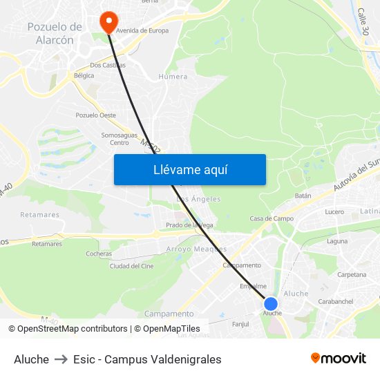 Aluche to Esic - Campus Valdenigrales map