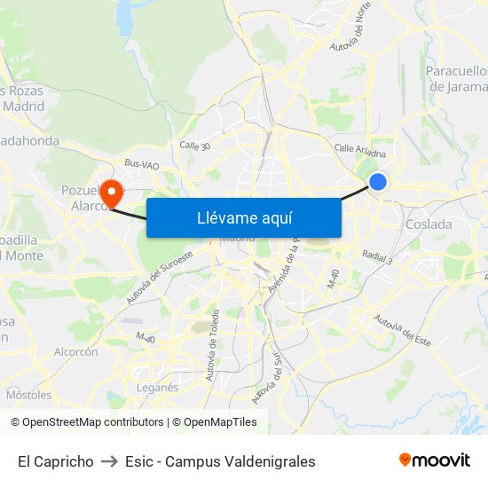 El Capricho to Esic - Campus Valdenigrales map