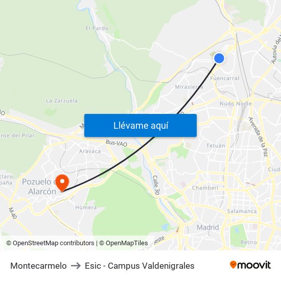 Montecarmelo to Esic - Campus Valdenigrales map