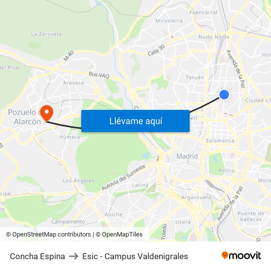 Concha Espina to Esic - Campus Valdenigrales map