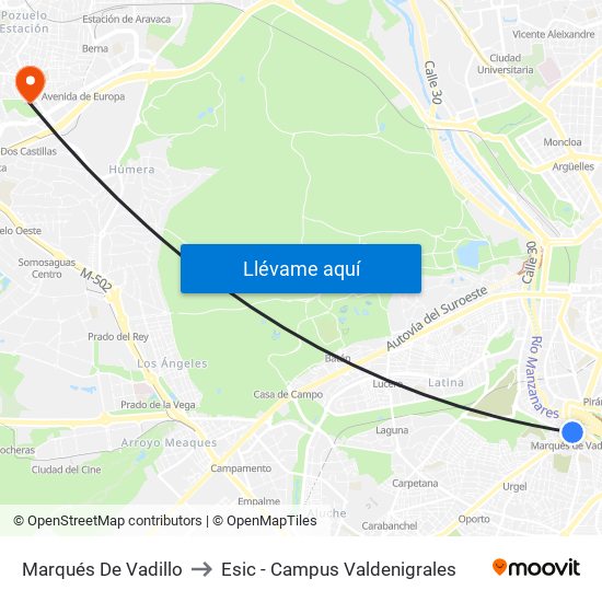 Marqués De Vadillo to Esic - Campus Valdenigrales map