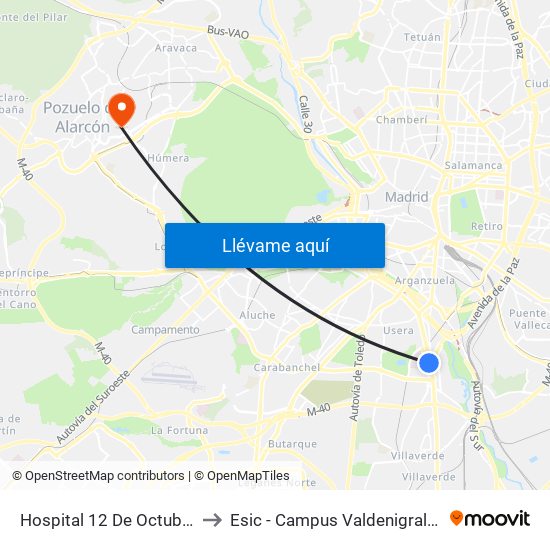 Hospital 12 De Octubre to Esic - Campus Valdenigrales map