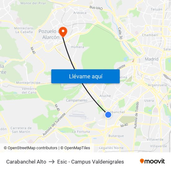 Carabanchel Alto to Esic - Campus Valdenigrales map