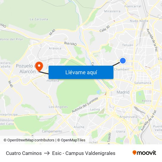 Cuatro Caminos to Esic - Campus Valdenigrales map