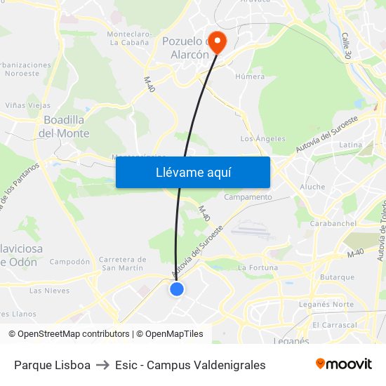 Parque Lisboa to Esic - Campus Valdenigrales map