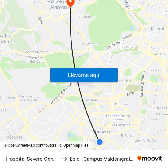 Hospital Severo Ochoa to Esic - Campus Valdenigrales map