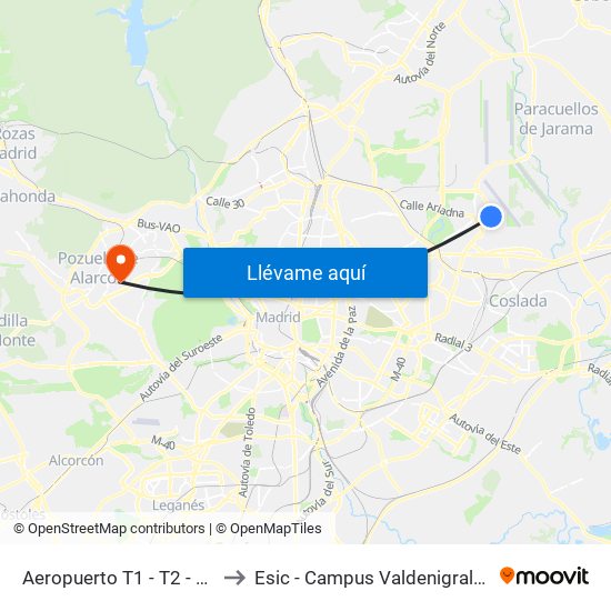Aeropuerto T1 - T2 - T3 to Esic - Campus Valdenigrales map