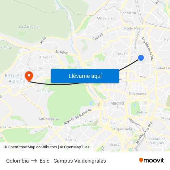 Colombia to Esic - Campus Valdenigrales map