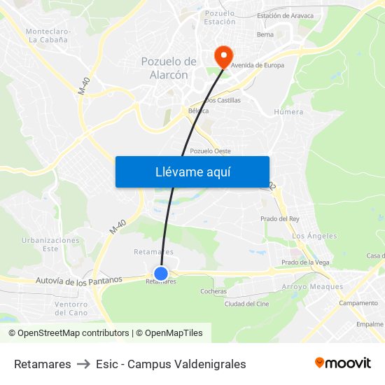 Retamares to Esic - Campus Valdenigrales map