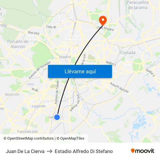Juan De La Cierva to Estadio Alfredo Di Stefano map
