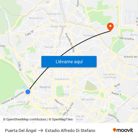 Puerta Del Ángel to Estadio Alfredo Di Stefano map